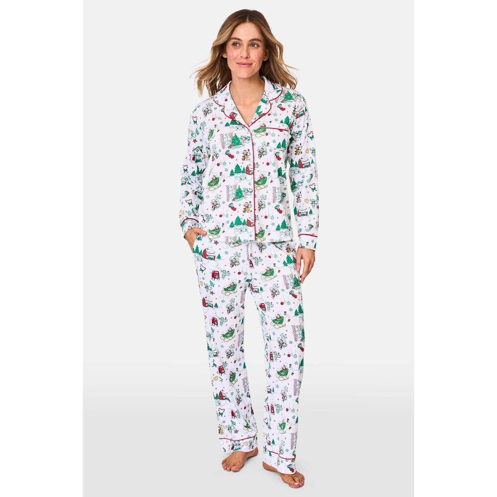 Roller Rabbit Snow Village Long Sleeve Polo Pajamas Size MGREEN / M